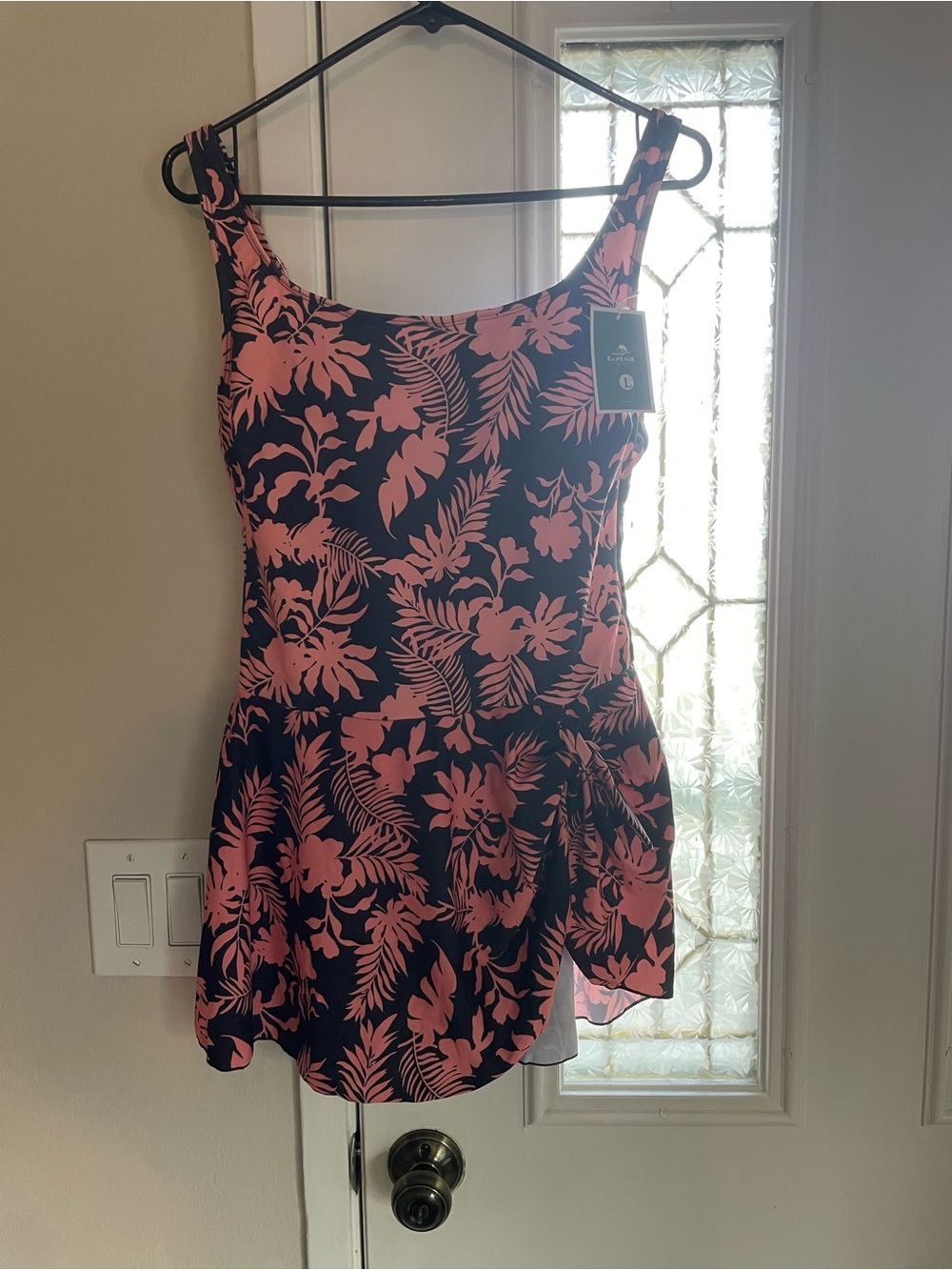 Floral Scoop-Neck Swimdress in Navy and Pink